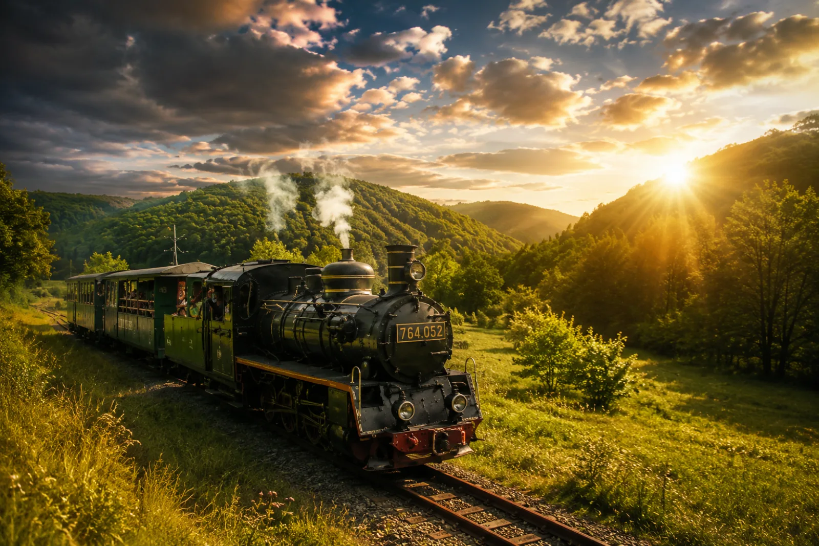 Mocănița 764.052 prin valea însorită, la apus