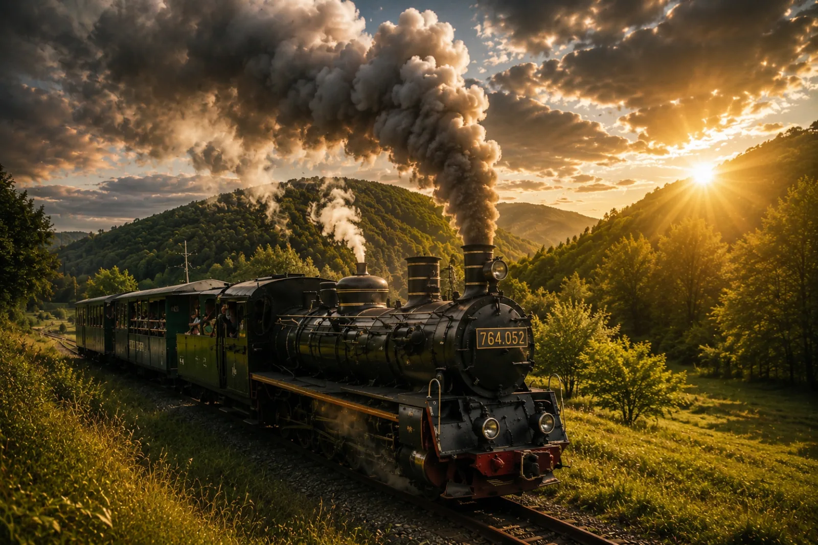Mocănița Sovata – Câmpu Cetății, locomotiva 764.052 la apus prin Munții Gurghiu