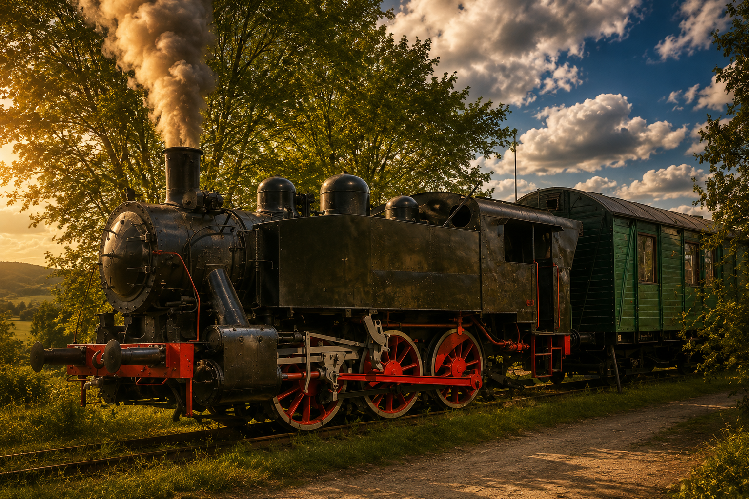 Locomotiva cu aburi 764.052 în lumină de seară, lângă vagonul verde
