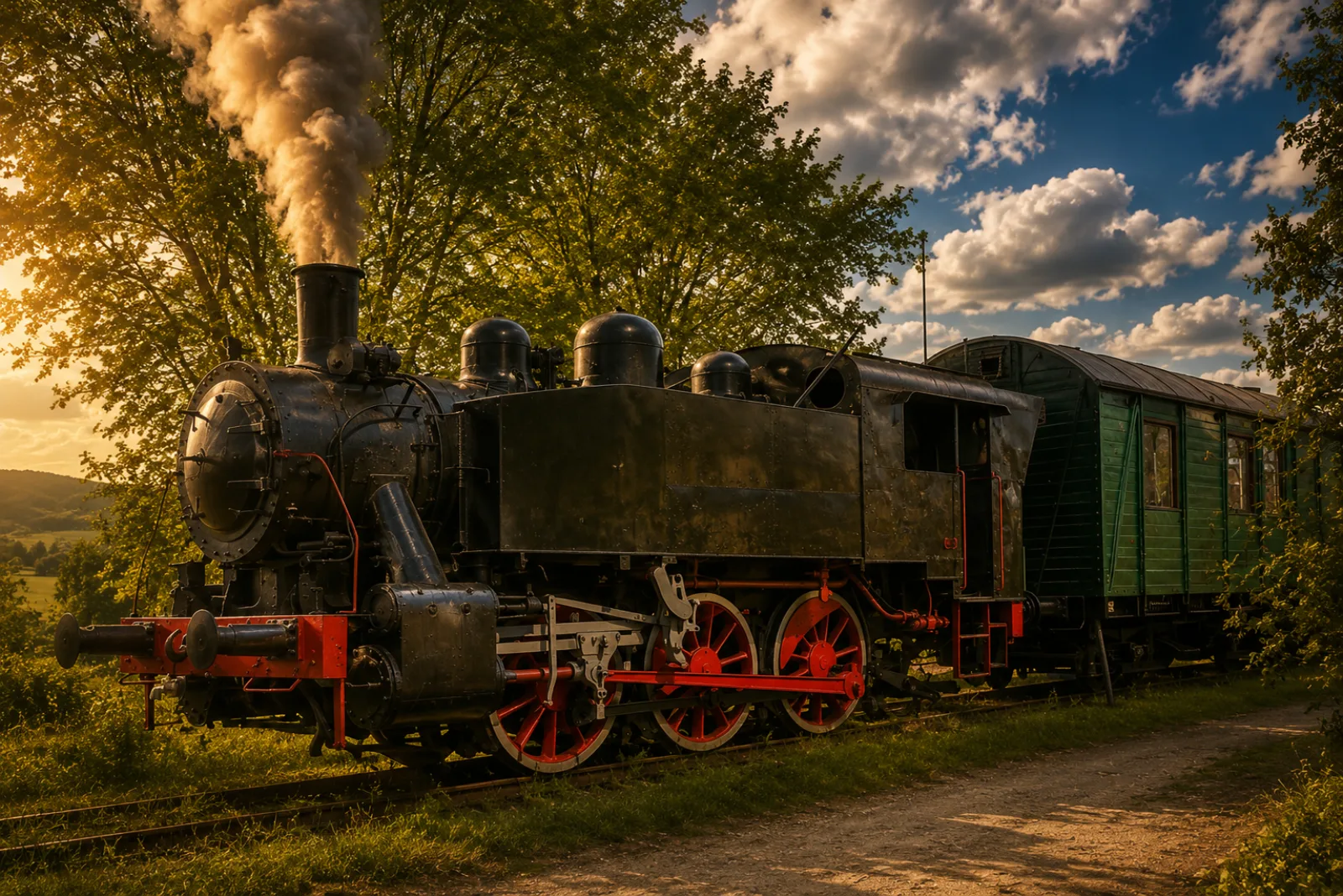 Locomotiva cu aburi 764.052 în lumină de seară, lângă vagonul verde